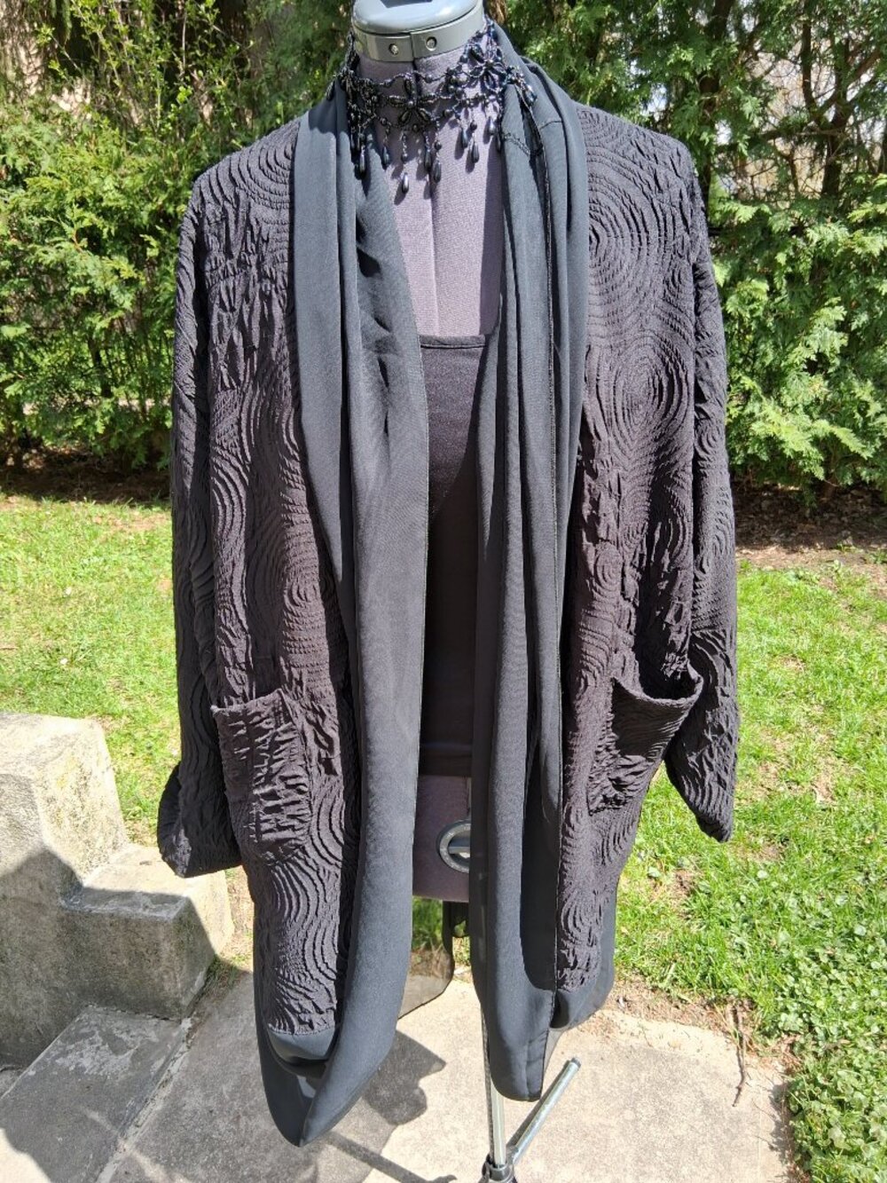 Black Textured Open-front Jacket chiffon trim with draped design Gorgeous XL + - Picture 4 of 14